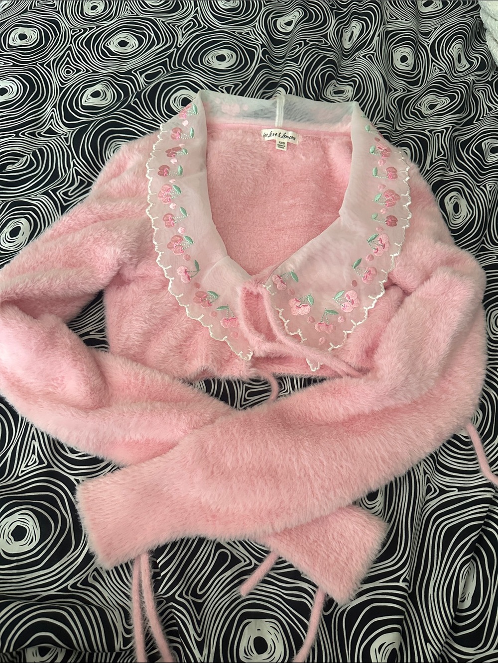 For Love & Lemons Pink Fuzzy Cropped Cardigan with Embroidered Organza Collar